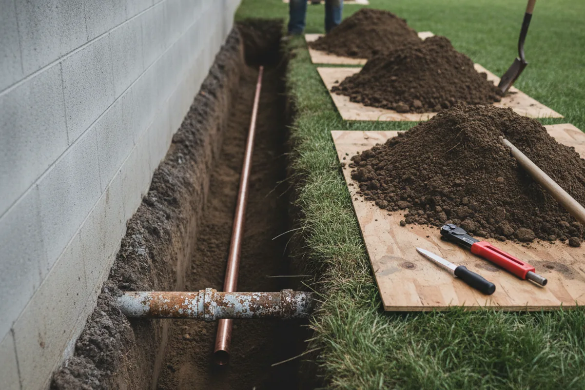 Excavated water line trench during Sewer Line Repair in Gresham